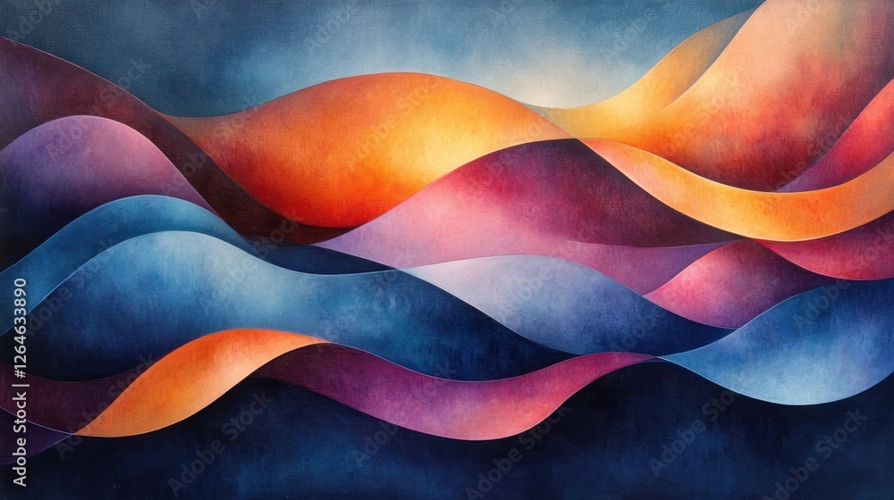 Poster luminous flowing shapes. bright gradients in sapphire dusk and coral haze. pulsating curves merging 