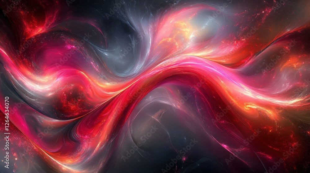 Poster luminous flowing shapes. bright gradients in stormy gray and raspberry burst. enveloping curves merg