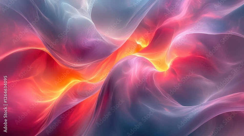 Poster luminous flowing shapes. bright gradients in stormy gray and raspberry burst. enveloping curves merg