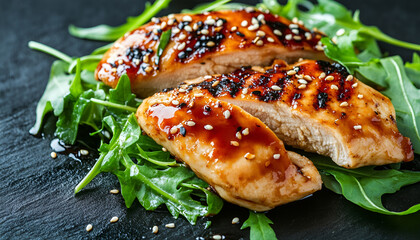 Teriyaki chicken pieces with sesame and greens on black background close up. Asian style meal - roasted chicken fillet with teriyaki sauce