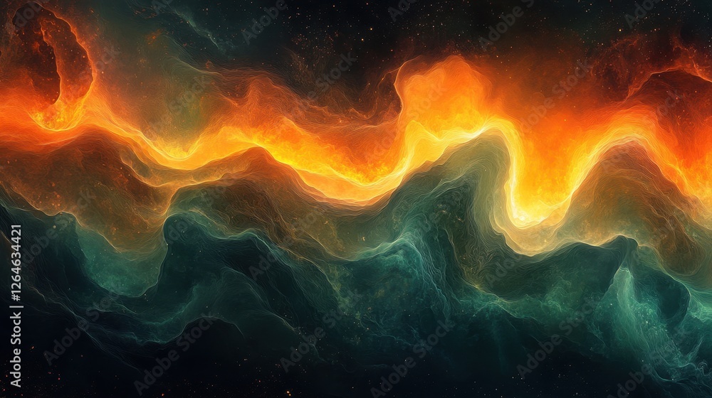 Poster luminous flowing shapes. bright gradients in rainforest jade and glowing ember. tapering curves merg