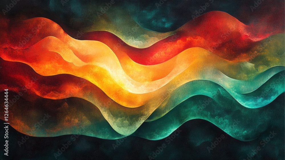 Poster luminous flowing shapes. bright gradients in rainforest jade and glowing ember. tapering curves merg