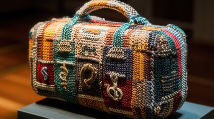 Yarn Briefcase with Intricate Financial Symbols, A unique design blending creativity and finance, perfect for professionals on the go