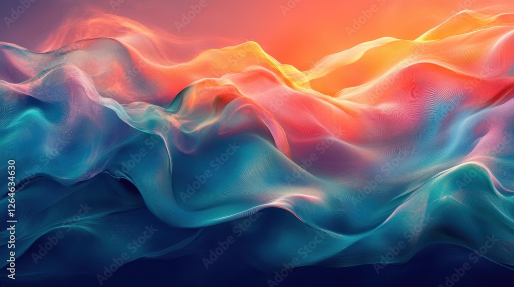 Poster luminous flowing shapes. bright gradients in peacock green and sunset blush. diffusing curves mergin