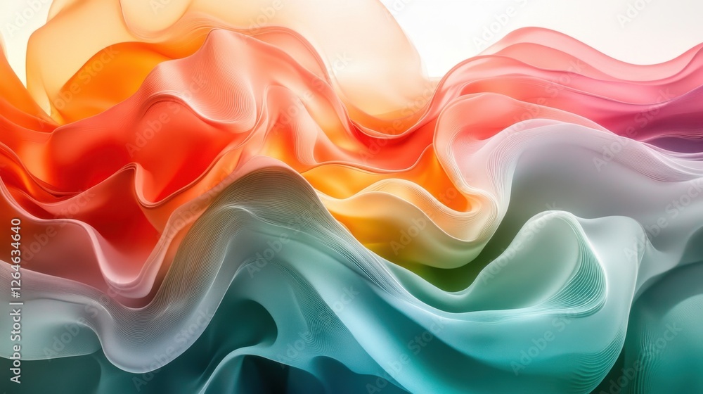 Poster luminous flowing shapes. bright gradients in peacock green and sunset blush. diffusing curves mergin