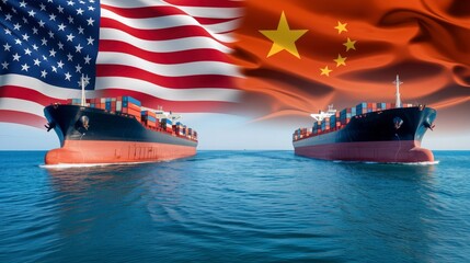 Container Ships Against USA and China Flags on the Ocean: International Trade Relations, Political Situation, Increased Import Tariffs, and Trade War Dispute Over Imports and Exports