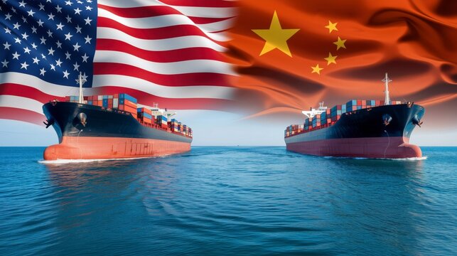 Container Ships Against USA and China Flags on the Ocean: International Trade Relations, Political Situation, Increased Import Tariffs, and Trade War Dispute Over Imports and Exports