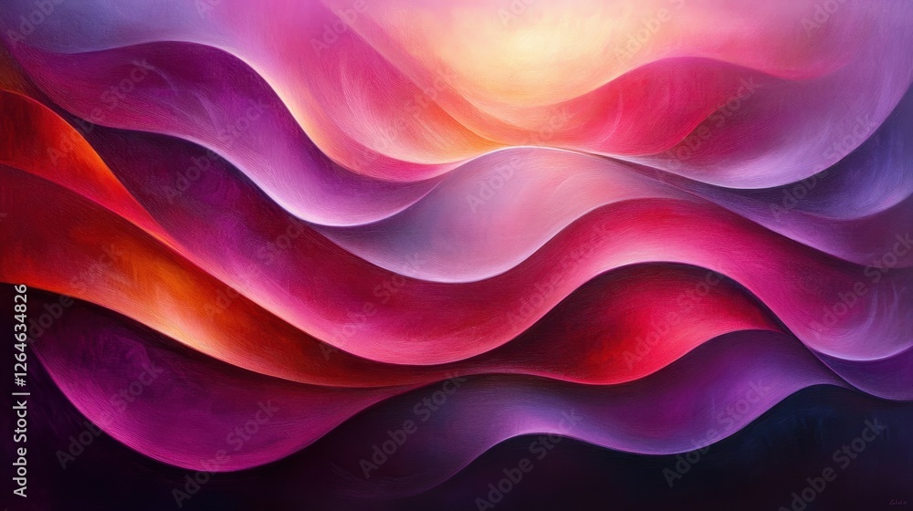 Poster luminous flowing shapes. bright gradients in plum wine and arctic frost. silky curves merging into a