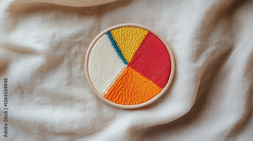 Poster yarn stitched minimalist pie chart on soft fabric background, an artistic representation blending te