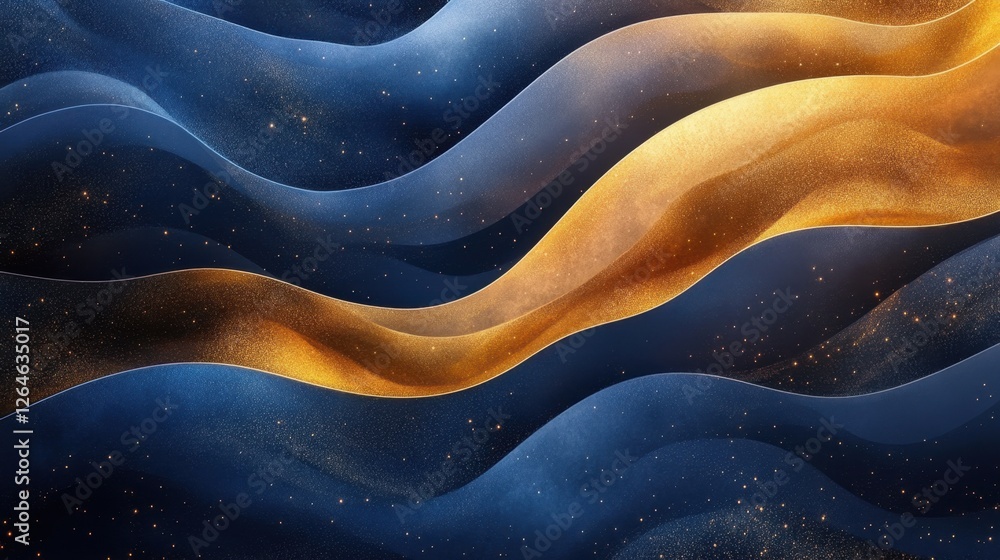 Poster luminous flowing shapes. bright gradients in twilight navy and desert gold. expansive curves merging
