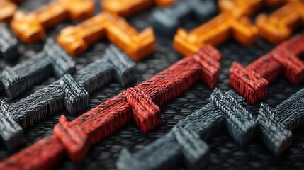 Woven financial graph with textured arrows indicating upward success, vibrant colors, dynamic composition, modern business theme