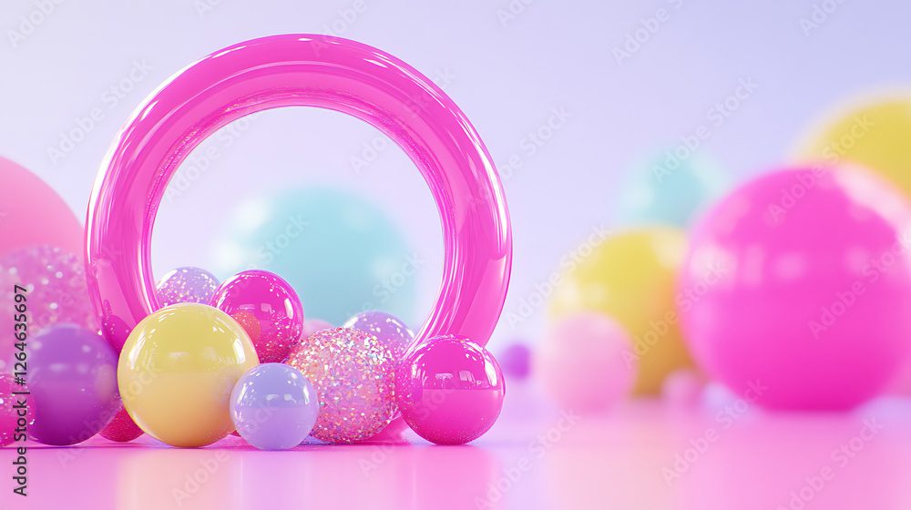 Poster vibrant spheres and pink circle abstract composition with colorful 3d rendered elements on surface