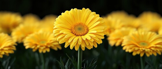 Obraz premium A yellow flower in the center of a field of yellow flowers.