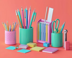 Colorful stationery items including pens, sticky notes, and a paperclip holder