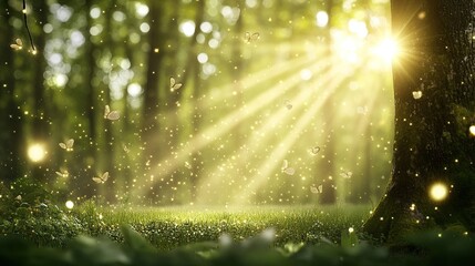 Magical forest sunrise, butterflies, light, nature scene, fantasy backdrop