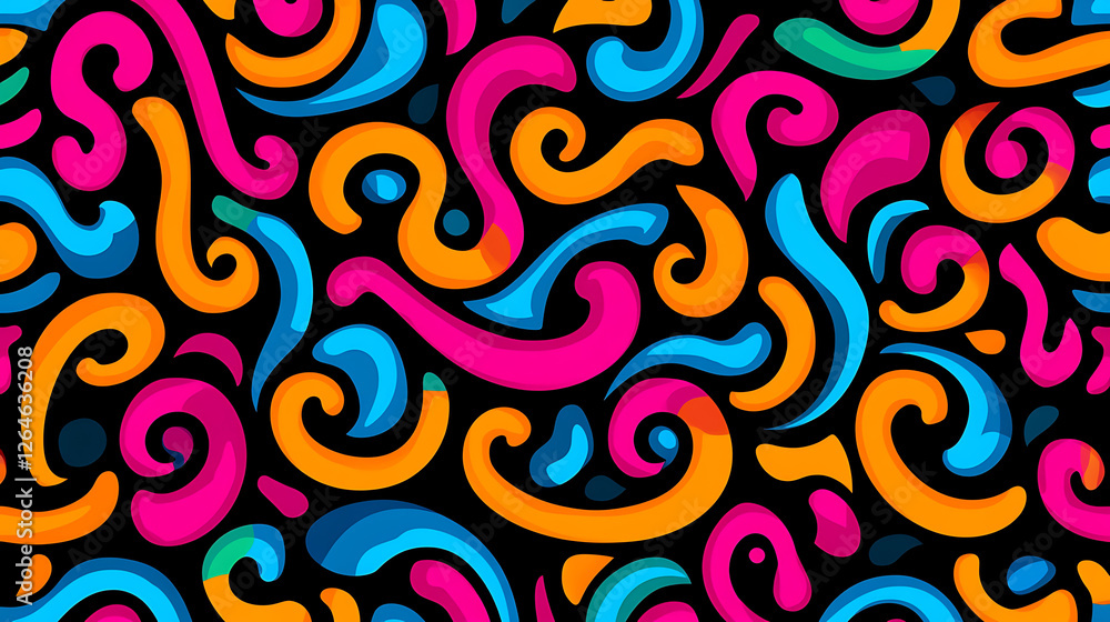Poster vibrant swirls on dark backdrop bold curves colorful shapes playful abstract design visually dynamic