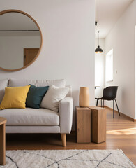 Minimalist Living Room: White Couch, Yellow Pillows, Round Mirror