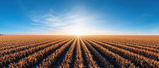 A field of corn with a sun in the distance.