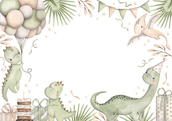 Dinosaurs Birthday Party. Watercolor hand-drawn frame with little dinosaurs, tropical plants, balloons, gifts and confetti.