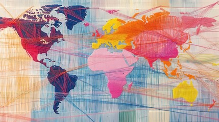 Fototapeta premium Colorful woven map illustrating global trade routes with vibrant thread lines connecting major international markets and businesses