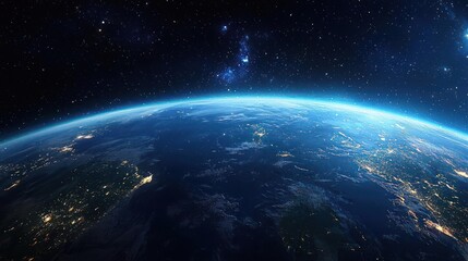 Blue Earth From Space At Night With City Lights