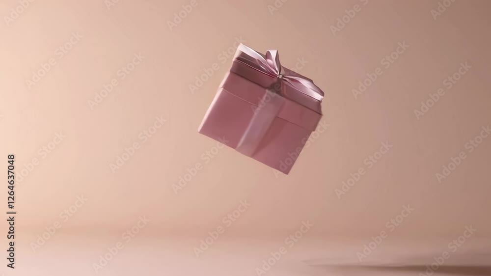 Poster Elegant pink gift box with a delicate ribbon rotating slowly against a matching pastel background, creating a visually appealing and luxurious presentation
