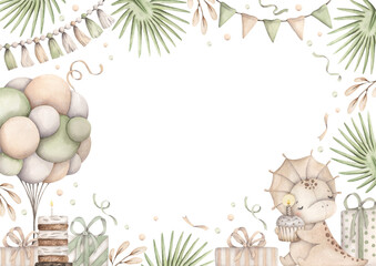 Dinosaurs Birthday Party. Watercolor hand-drawn frame with little dinosaur, cupcake in her paws, tropical plants, balloons, gifts and confetti.