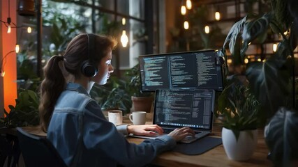 A young woman sits at a wooden desk in a lush indoor garden, immersed in coding on dual screens. Soft lighting adds a cozy atmosphere as she sips coffee, showcasing her dedication.