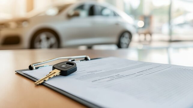 A close-up of a clipboard with documents and a car key, with a car visible in the background, suggesting a vehicle purchase or rental.