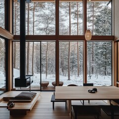 Fototapeta premium Minimalist interior with large windows showcasing a snowy forest landscape
