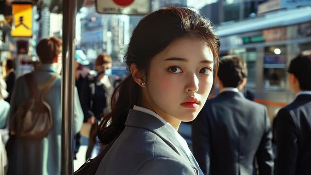 A young woman in a school uniform looks back while standing in a crowded train station, illuminated by warm sunlight