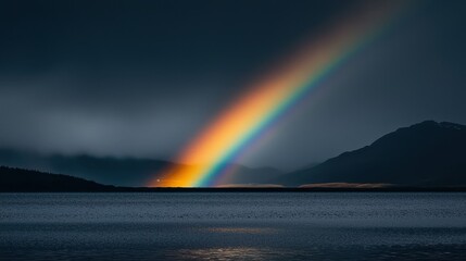 A stunning rainbow arcs across a dark sky, reflecting over a tranquil body of water, creating a serene and magical atmosphere.