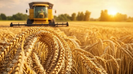 Fototapeta premium A golden wheat field at harvest time with a combine harvester working against a sunset backdrop, showcasing agricultural abundance.