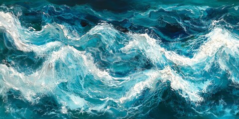 A fluid abstract representation of ocean waves, blending turquoise and white hues with textured patterns, creating a sense of motion and vitality. 