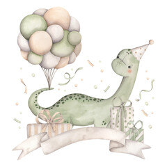 Dinosaurs Birthday Party. Watercolor hand-drawn illustration with baby dino in a cap, with balloons, gifts and confetti.