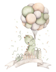 Dinosaurs Birthday Party. Watercolor hand-drawn illustration with baby dino with balloons, gifts and confetti