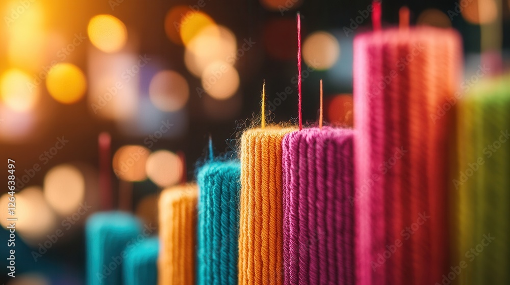 Poster vibrant yarn bar chart on soft backdrop, colorful threads intertwine to represent data visually, sho