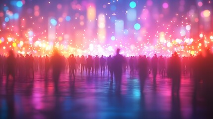 A mesmerizing crowd bathed in vibrant and dreamy hues of light and motion