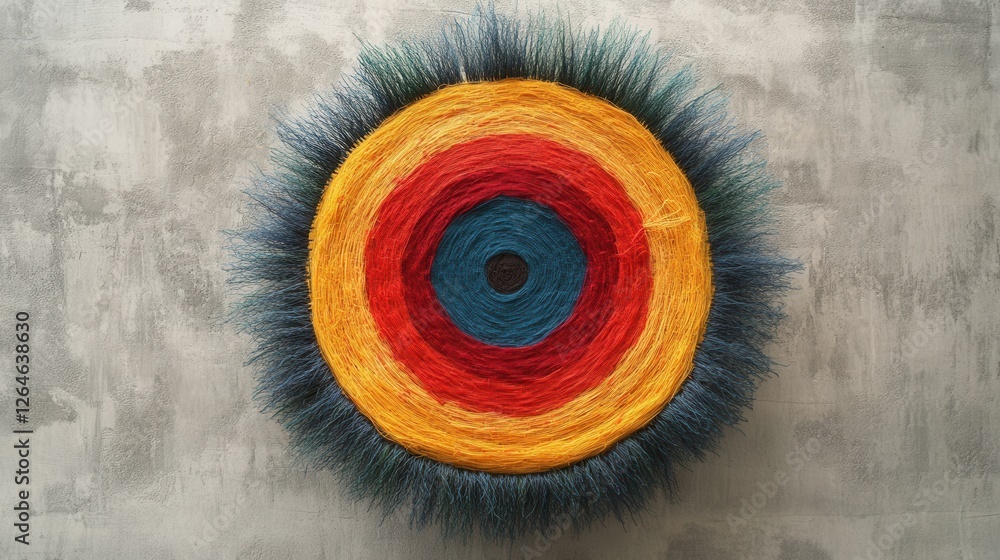 Poster yarn target board, a conceptual design showcasing precision through intertwined threads, vibrant col