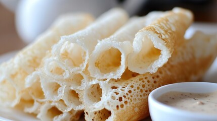 Crispy rolled pancakes, dessert, cafe, close-up, breakfast,  background blurred, food photography