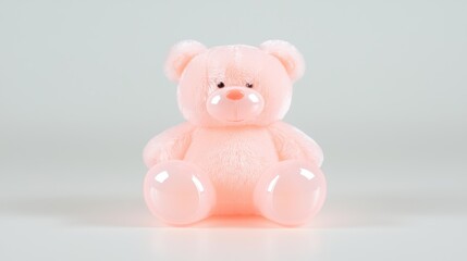 A soft, pink teddy bear with glossy balloon-like feet, perfect for cuddling or decoration.
