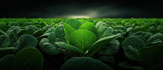 A field of green plants with a bright light in the distance.