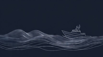 111.A continuous single-line vector illustration of a ship cutting through the waves, symbolizing ocean travel and transportation. The one-line design creates a smooth, flowing motion, perfect for