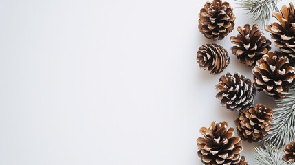 Winter decoration featuring pinecones and evergreen branches on a white background for festive atmosphere