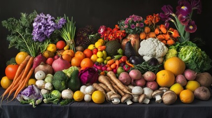 Abundant colorful fruits vegetables still life dark background healthy eating