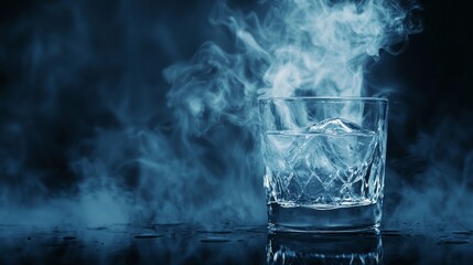 Chilled glass with ice cubes and swirling smoke creates a captivating atmosphere