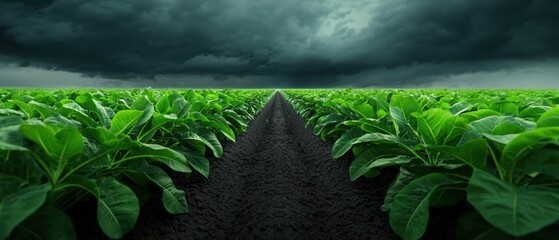 A field of green plants with a dirt road in the middle.