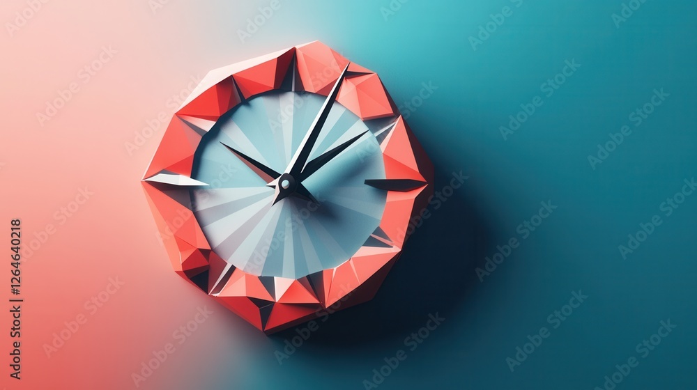 Poster geometric timekeeper, a low-poly clock design showcasing sharp shapes, representing efficient time m