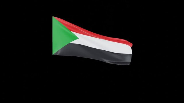Sudan flag waving in the wind with a black background. Realistic Sudanese flag featuring red, white, black stripes and a green triangle. - Powered by Adobe