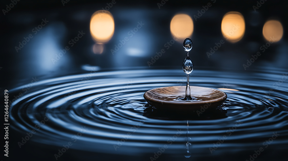 Poster water droplets suspended in time ripple effect creating circular pattern over dark surface